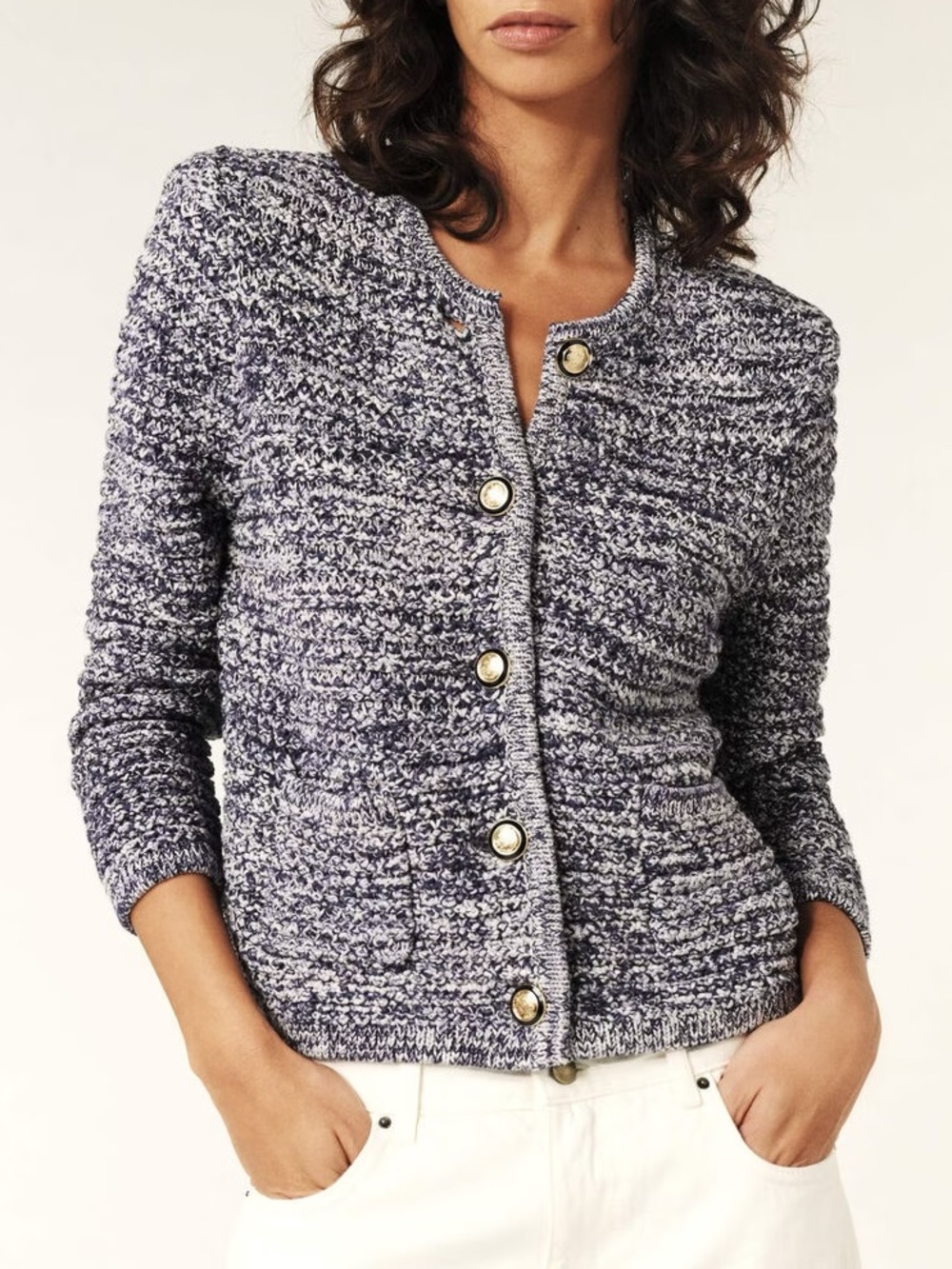 ba&sh Navy and White Marled Knit Cardigan